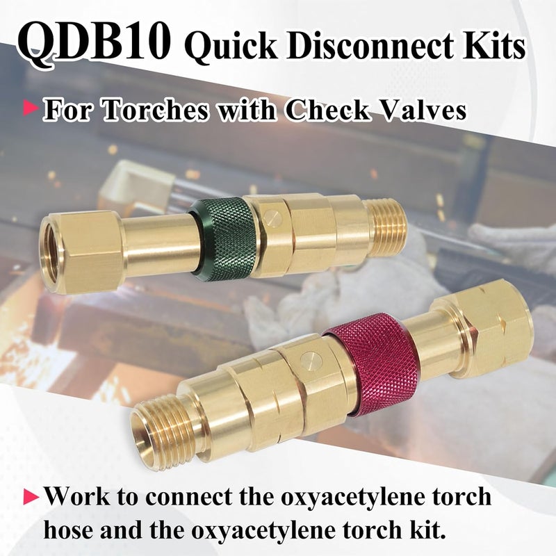 Ebrmeiwo QDB10 Quick Disconnect Kits for Torches with Check Valves, Torch-to-Hose Set, Fuel-Red, Oxy-Green, Brass - Image 2